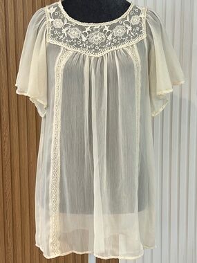 Vintage Sheer Chiffon Lace Babydoll Dress Cream Cottagecore Romantic